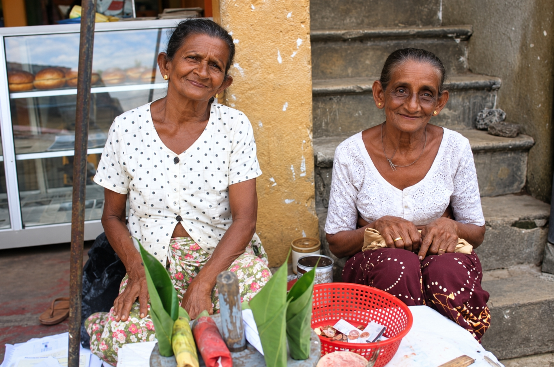 Zwei ältere singhalesische Marktfrauen an einer Straße in Ambalangoda auf Sri Lanka.